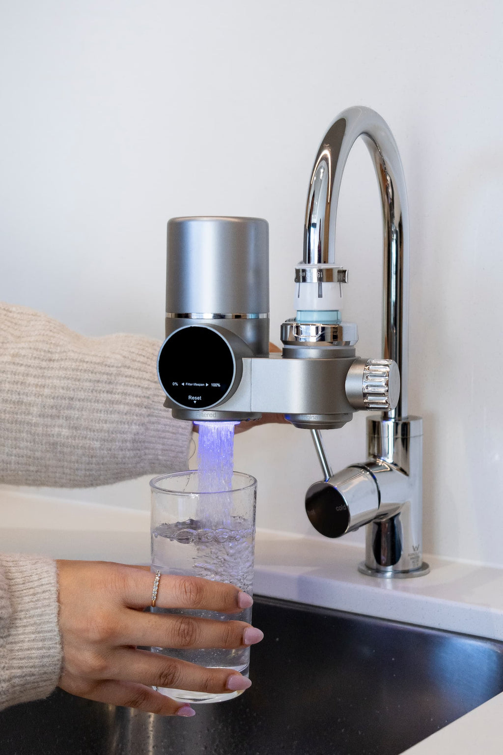 Installation views showing the filter on a kitchen sink