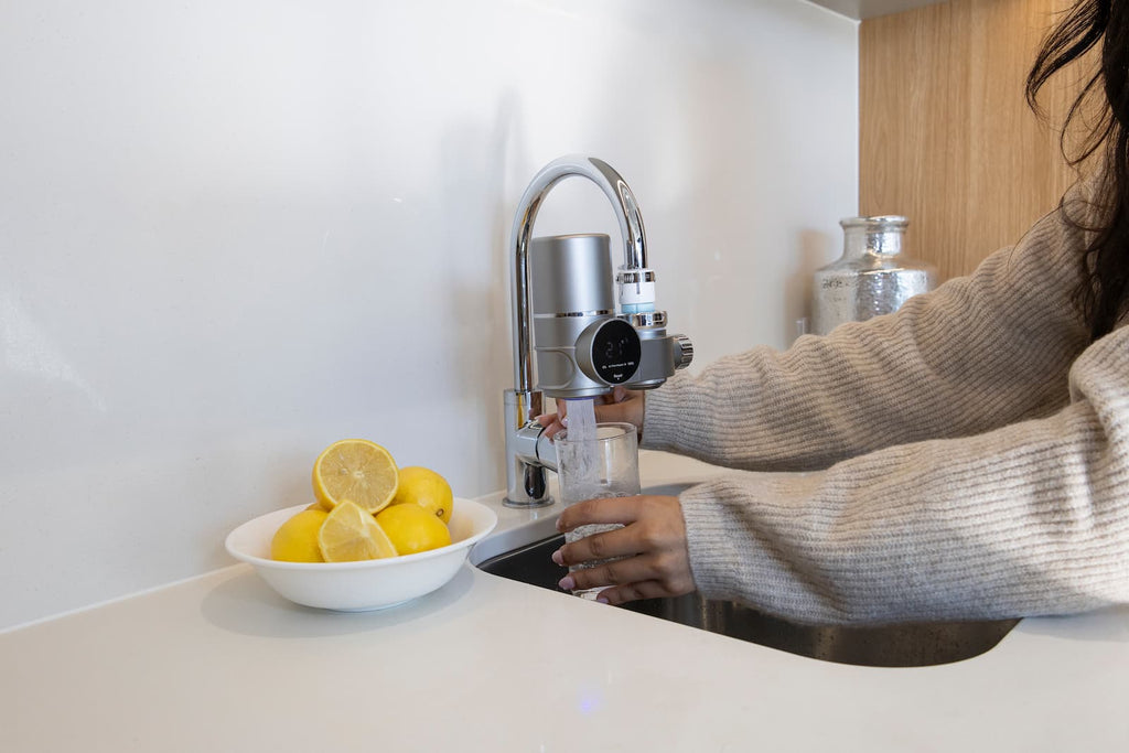 Installation views showing the filter on a kitchen sink